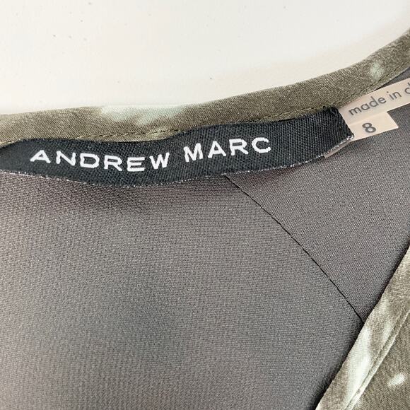 Andrew Marc Womens 8 Silk Shift Dress Mottled Olive Green Square Neckline Zipper - Picture 15 of 16